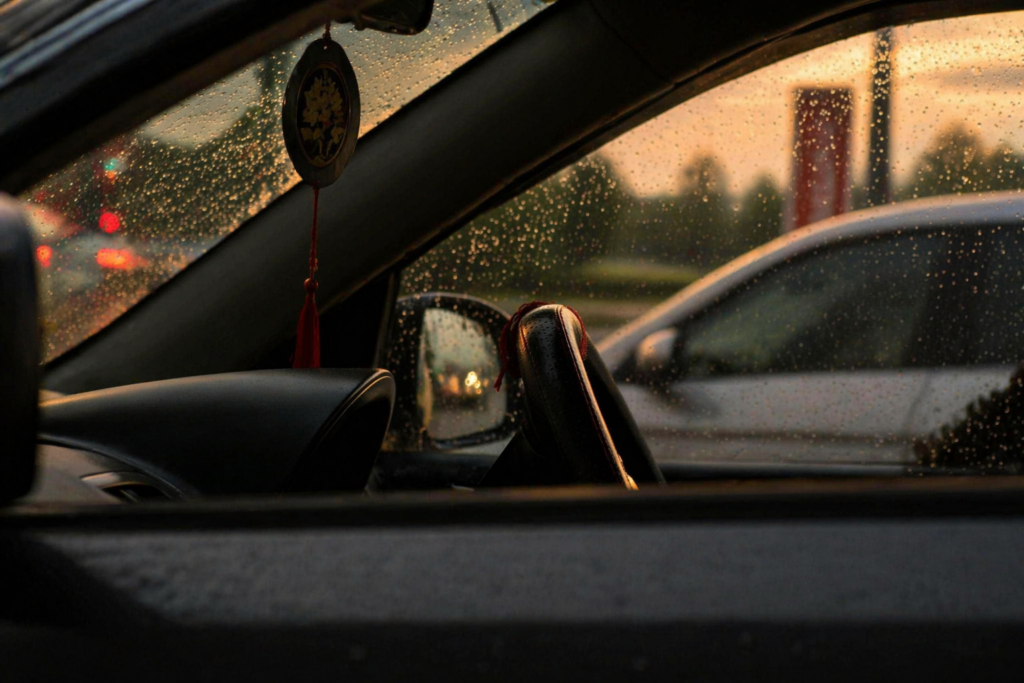 car interior view with rain and sunset class five driving school