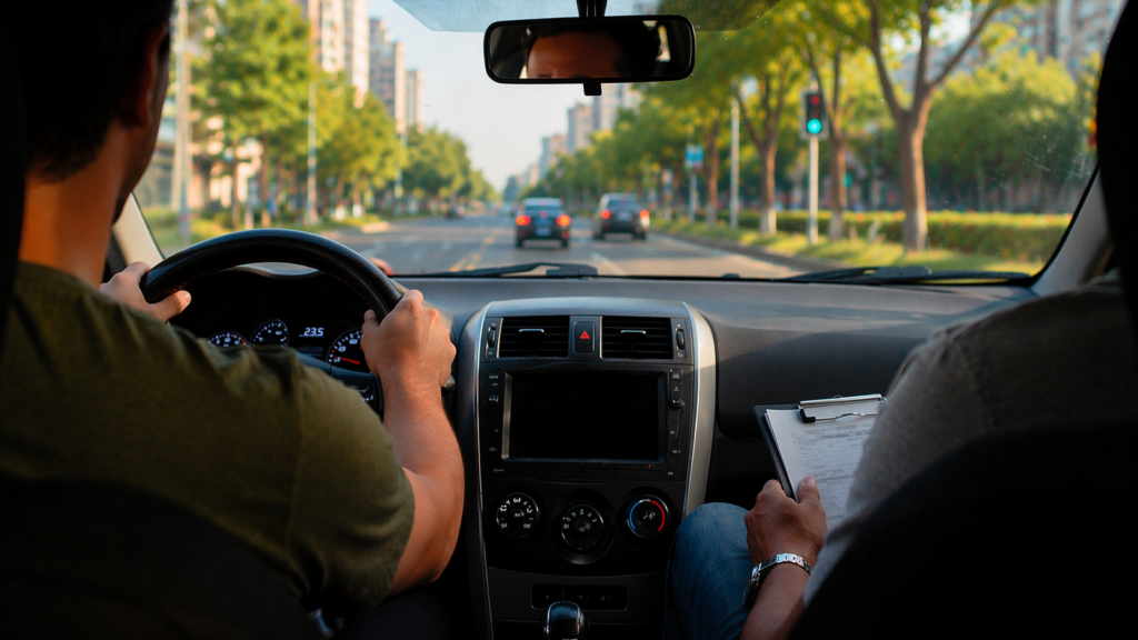 driving lesson at class five driving school in city street