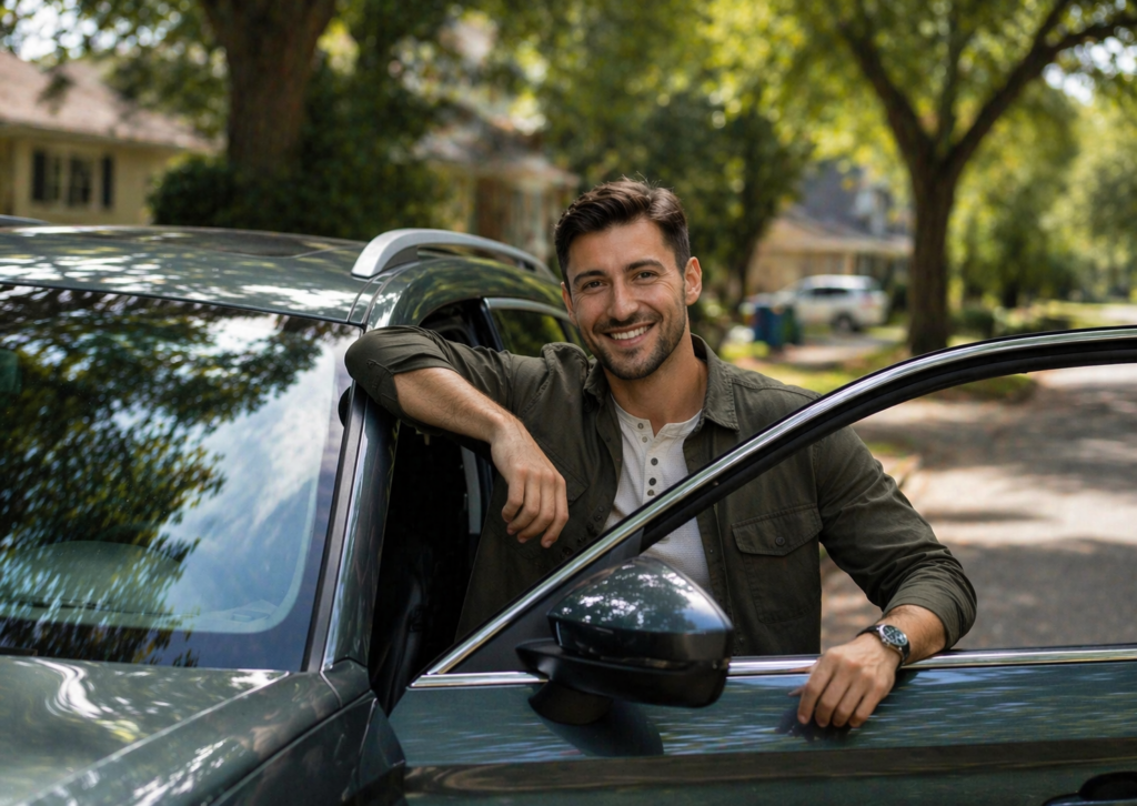 happy man leaning on car class five driving school