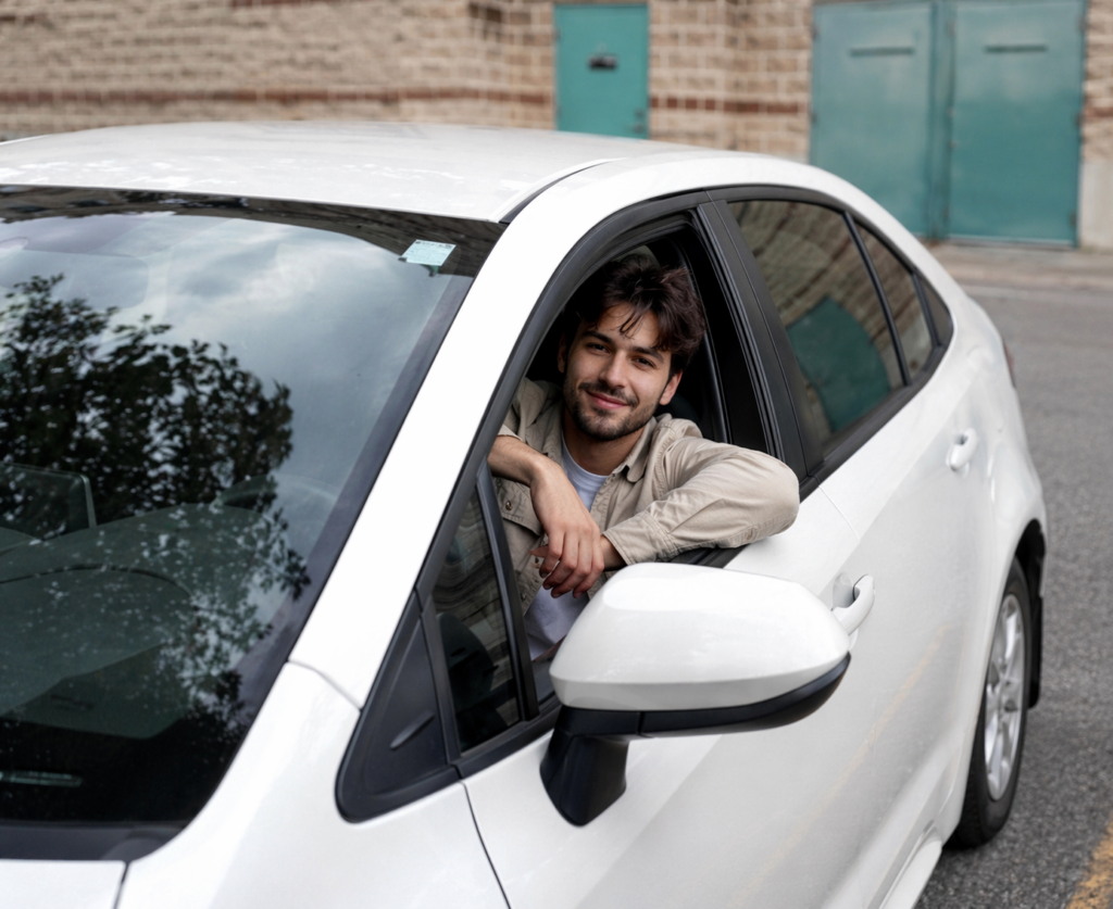 happy student at class five driving school in car window