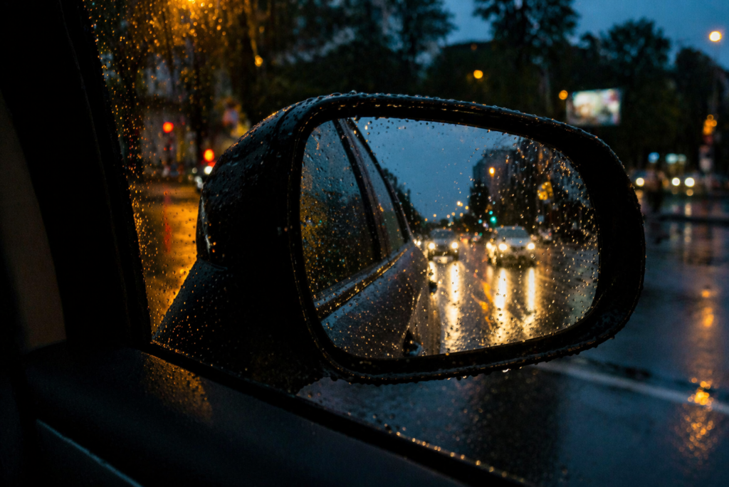 rainy night driving class five driving school mirror view